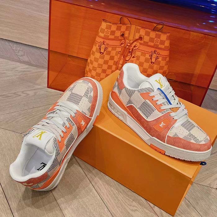 Louis Vuitton Unisex LV Trainer Sneaker Orange Damier Grained Calf Leather Rubber Monogram Flowers