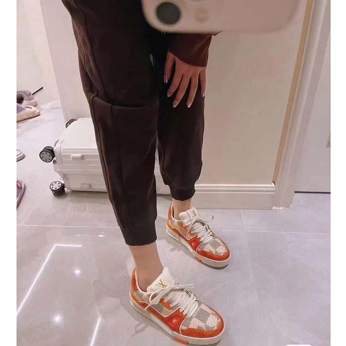 Louis Vuitton Unisex LV Trainer Sneaker Orange Damier Grained Calf Leather Rubber Monogram Flowers