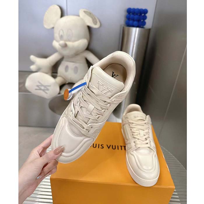Louis Vuitton Unisex LV Trainer Sneaker White Calf Leather Rubber Outsole Monogram Flower
