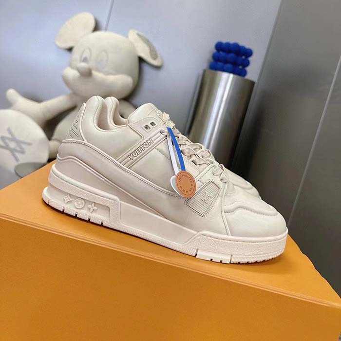 Louis Vuitton Unisex LV Trainer Sneaker White Calf Leather Rubber Outsole Monogram Flower
