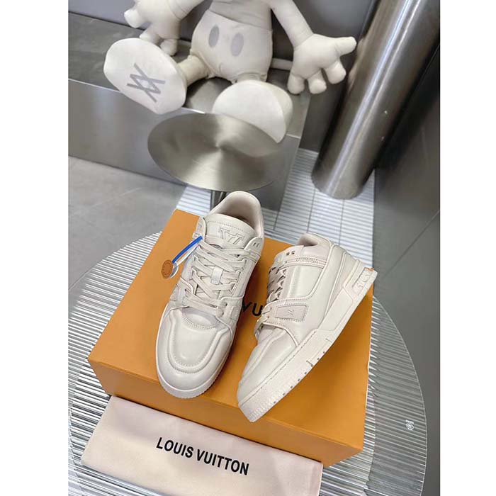 Louis Vuitton Unisex LV Trainer Sneaker White Calf Leather Rubber Outsole Monogram Flower