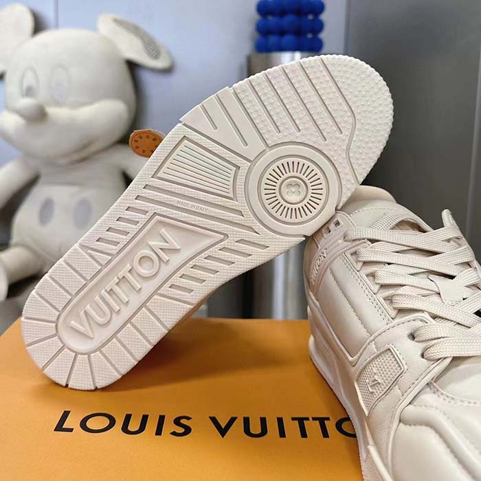 Louis Vuitton Unisex LV Trainer Sneaker White Calf Leather Rubber Outsole Monogram Flower