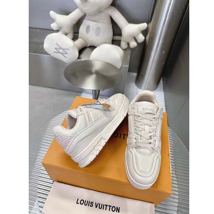 Louis Vuitton Unisex LV Trainer Sneaker White Calf Leather Rubber Outsole Monogram Flower