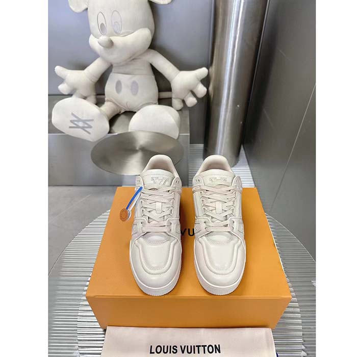 Louis Vuitton Unisex LV Trainer Sneaker White Calf Leather Rubber Outsole Monogram Flower