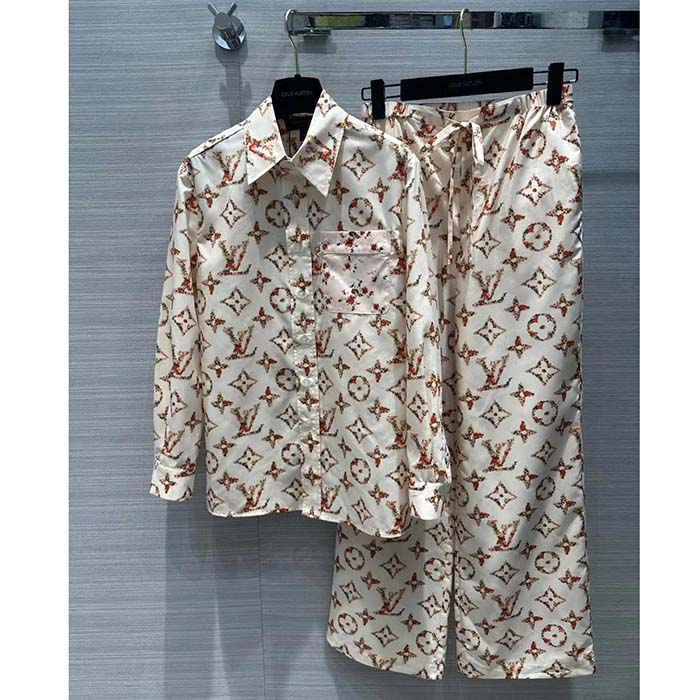 Louis Vuitton Men LV Floral Monogram Pajama Shirt Silk Pink Beige Regular Fit