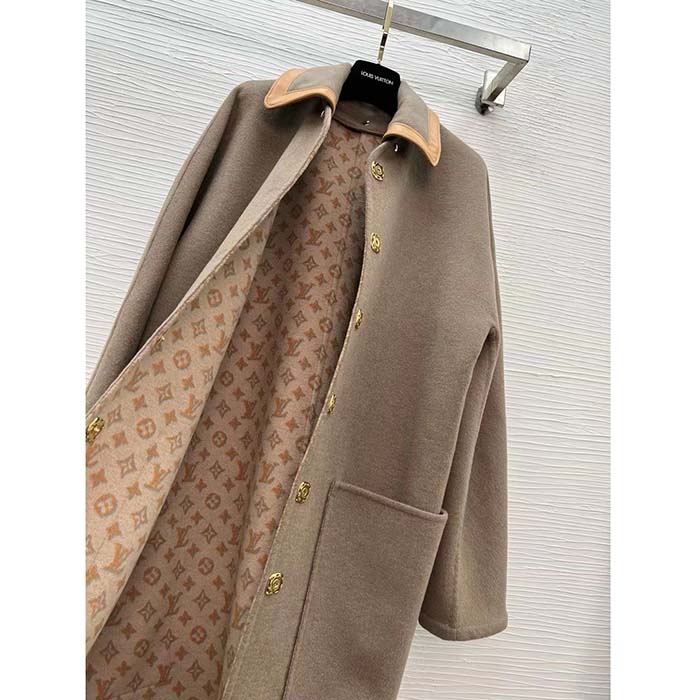 Louis Vuitton Women LV Removable Collar Double Face Coat Wool Silk Ficelle Foncée Brown Regular Fit