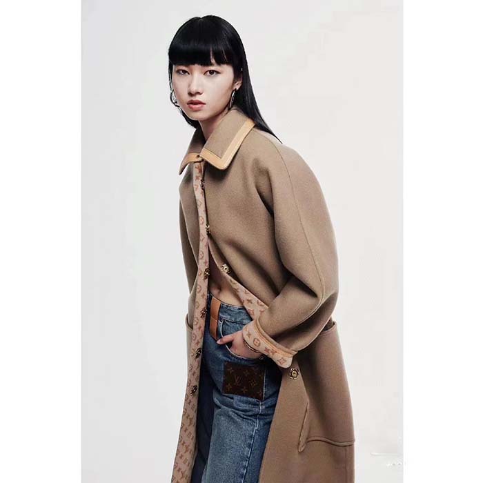Louis Vuitton Women LV Removable Collar Double Face Coat Wool Silk Ficelle Foncée Brown Regular Fit