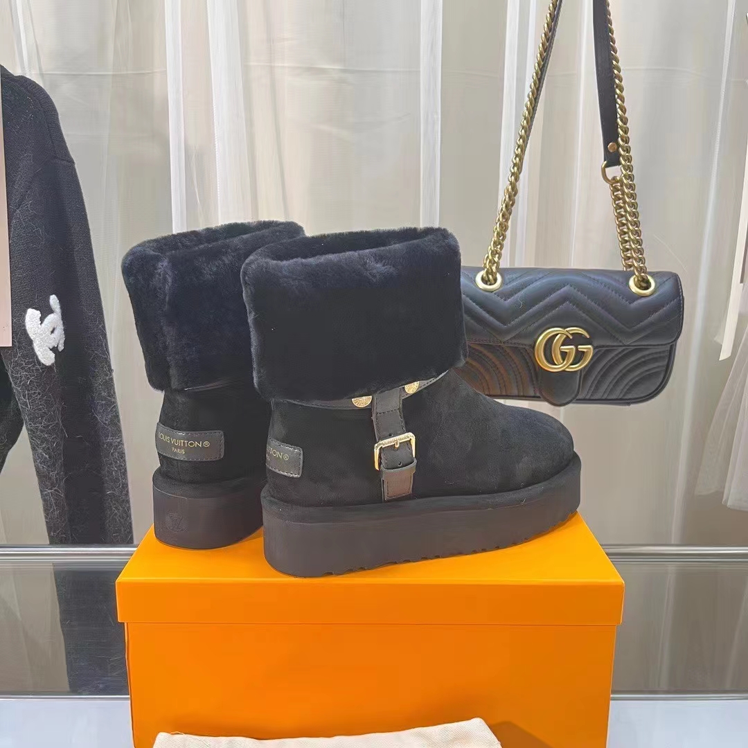 Louis Vuitton Women LV SKI Aspen Platform Ankle Boot Black Suede Calf Leather Shearling