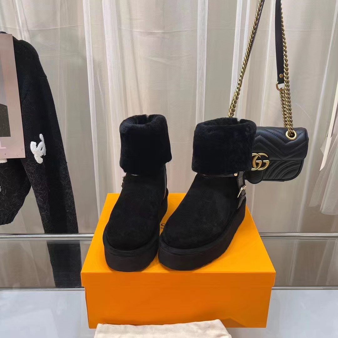 Louis Vuitton Women LV SKI Aspen Platform Ankle Boot Black Suede Calf Leather Shearling