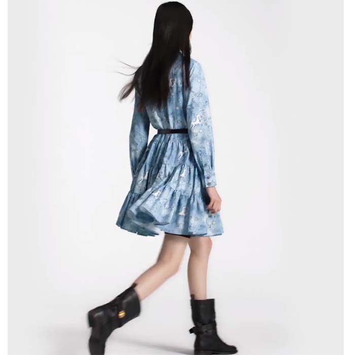Louis Vuitton Women LV Unicorn Print Belted Shirt Dress Cotton Silk Sky Blue Regular Fit