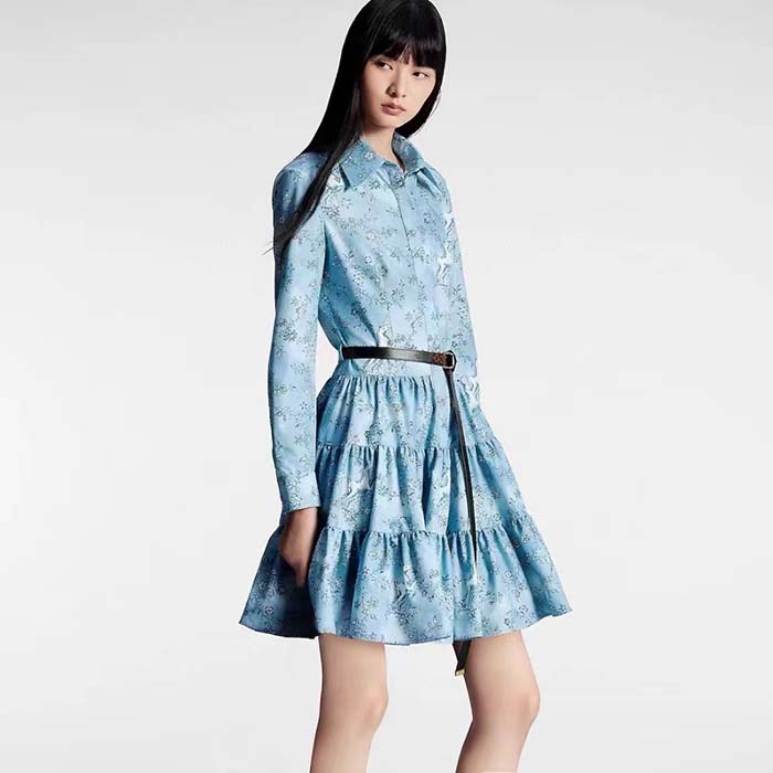 Louis Vuitton Women LV Unicorn Print Belted Shirt Dress Cotton Silk Sky Blue Regular Fit