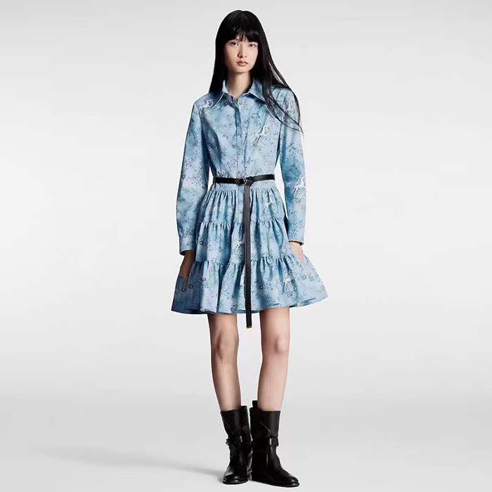 Louis Vuitton Women LV Unicorn Print Belted Shirt Dress Cotton Silk Sky Blue Regular Fit