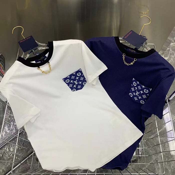 Louis Vuitton Men Monogram Pocket T-Shirt Cotton White Monogram Jacquard Denim LV Golden Chain