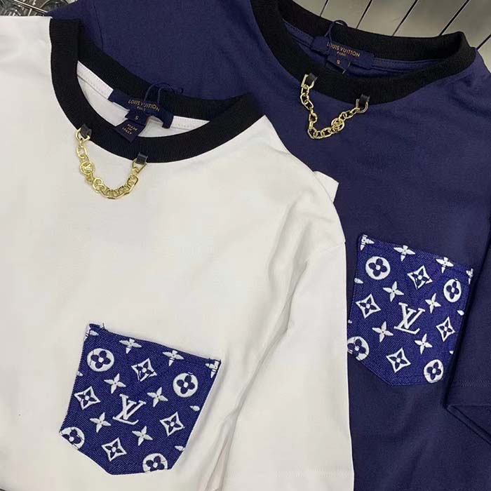 Louis Vuitton Women Monogram Pocket T-Shirt Cotton White Monogram Jacquard Denim LV Golden Chain