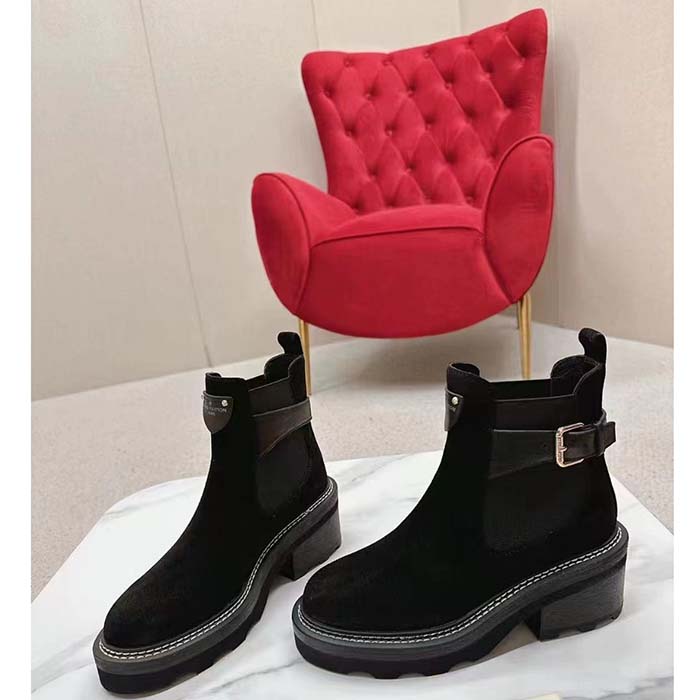 Louis Vuitton Women Shoes LV Beaubourg Ankle Boot Black Suede Calf Leather