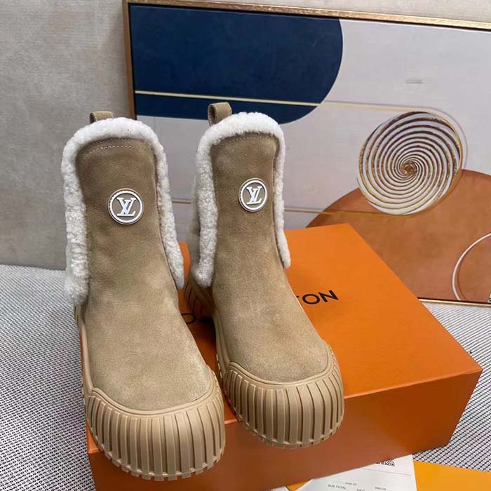 Louis Vuitton Women Shoes LV Ruby Flat Ankle Boot Beige Suede Calf Leather Shearling
