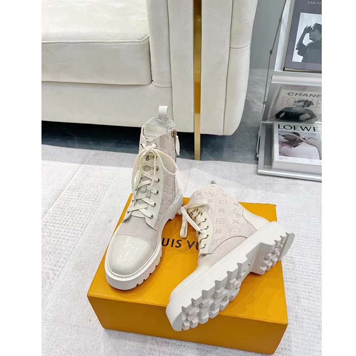 Louis Vuitton Women Territory Flat Ranger Beige Monogram-Debossed Suede Calf Leather Side Zip