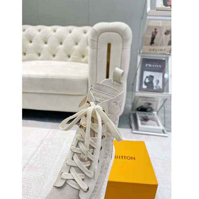 Louis Vuitton Women Territory Flat Ranger Beige Monogram-Debossed Suede Calf Leather Side Zip