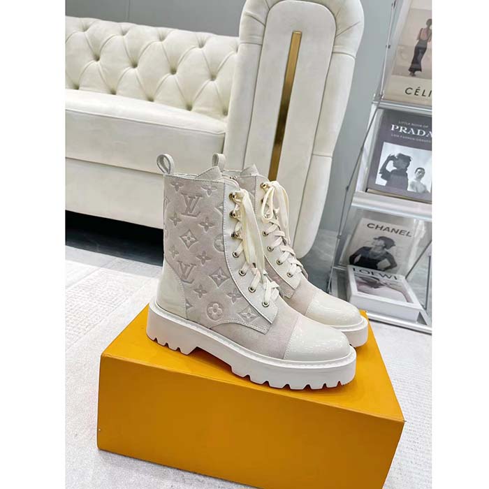 Louis Vuitton Women Territory Flat Ranger Beige Monogram-Debossed Suede Calf Leather Side Zip
