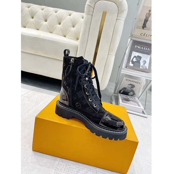 Louis Vuitton Women Territory Flat Ranger Black Monogram-Debossed Suede Calf Leather Side Zip