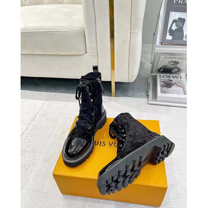Louis Vuitton Women Territory Flat Ranger Black Monogram-Debossed Suede Calf Leather Side Zip