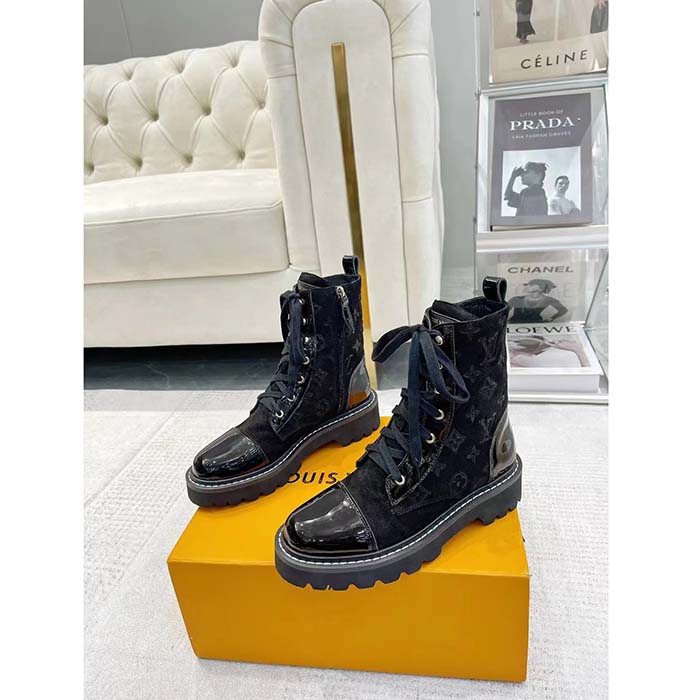Louis Vuitton Women Territory Flat Ranger Black Monogram-Debossed Suede Calf Leather Side Zip