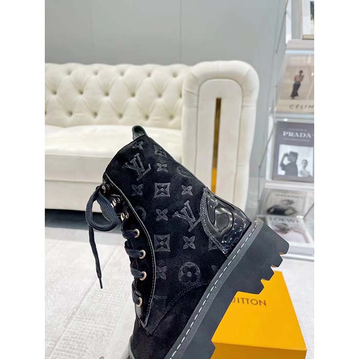 Louis Vuitton Women Territory Flat Ranger Black Monogram-Debossed Suede Calf Leather Side Zip