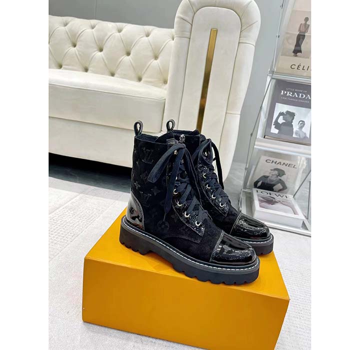 Louis Vuitton Women Territory Flat Ranger Black Monogram-Debossed Suede Calf Leather Side Zip