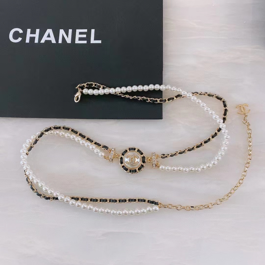 Chanel Women CC Chain Belt Calfskin Glass Pearls Black Pearly White Crystal Gold-Tone Metal Strass