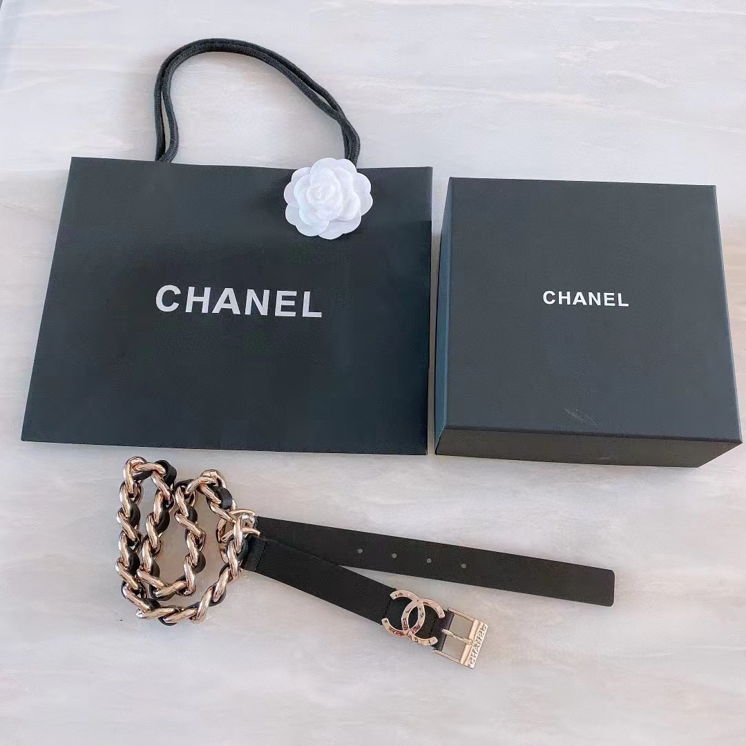 Chanel Women CC Chain Belt Calfskin Leather Gold-Tone Metal Strass Black