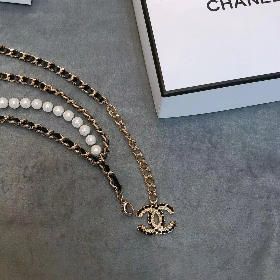 Chanel Women CC Chain Belt Lambskin Glass Pearls Gold-Tone Metal Strass Black