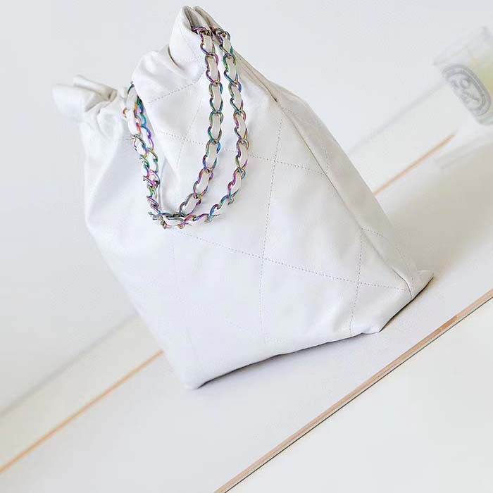 Chanel Women CC Chanel 22 Small Handbag Shiny Calfskin Rainbow Metal White