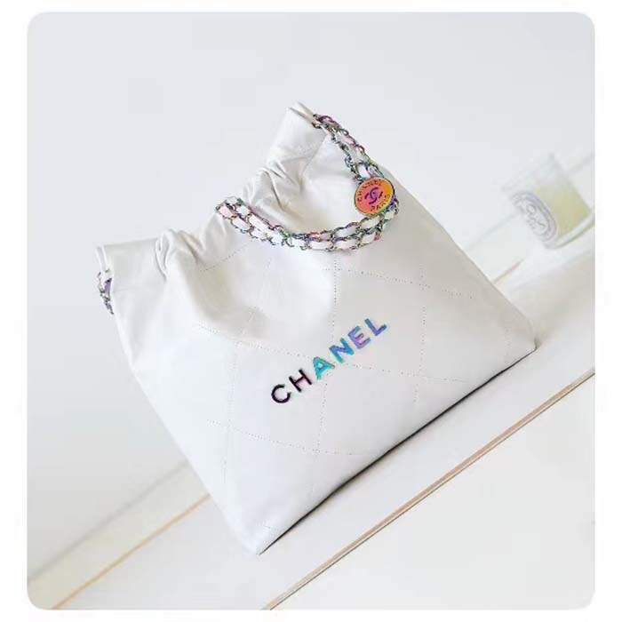 Chanel Women CC Chanel 22 Small Handbag Shiny Calfskin Rainbow Metal White