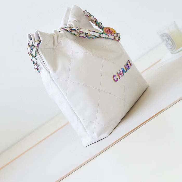 Chanel Women CC Chanel 22 Small Handbag Shiny Calfskin Rainbow Metal White