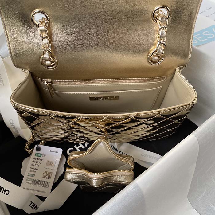 Chanel Women CC Flap Bag Star Coin Purse Mirror Calfskin Metallic Calfskin Gold-Tone Metal Gold