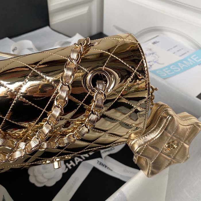 Chanel Women CC Flap Bag Star Coin Purse Mirror Calfskin Metallic Calfskin Gold-Tone Metal Gold