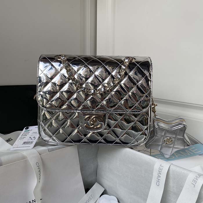 Chanel Women CC Flap Bag Star Coin Purse Mirror Calfskin Metallic Calfskin Gold-Tone Metal Silver
