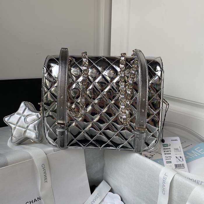 Chanel Women CC Flap Bag Star Coin Purse Mirror Calfskin Metallic Calfskin Gold-Tone Metal Silver