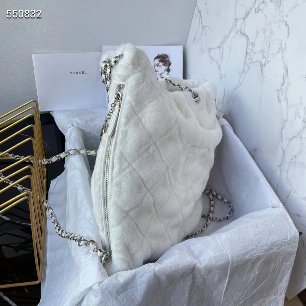 Chanel Women CC Large Backpack Shearling Lambskin Silver-Tone Metal White