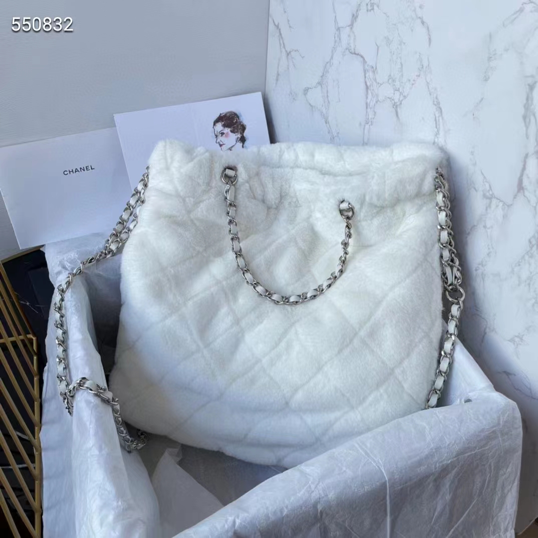 Chanel Women CC Large Backpack Shearling Lambskin Silver-Tone Metal White