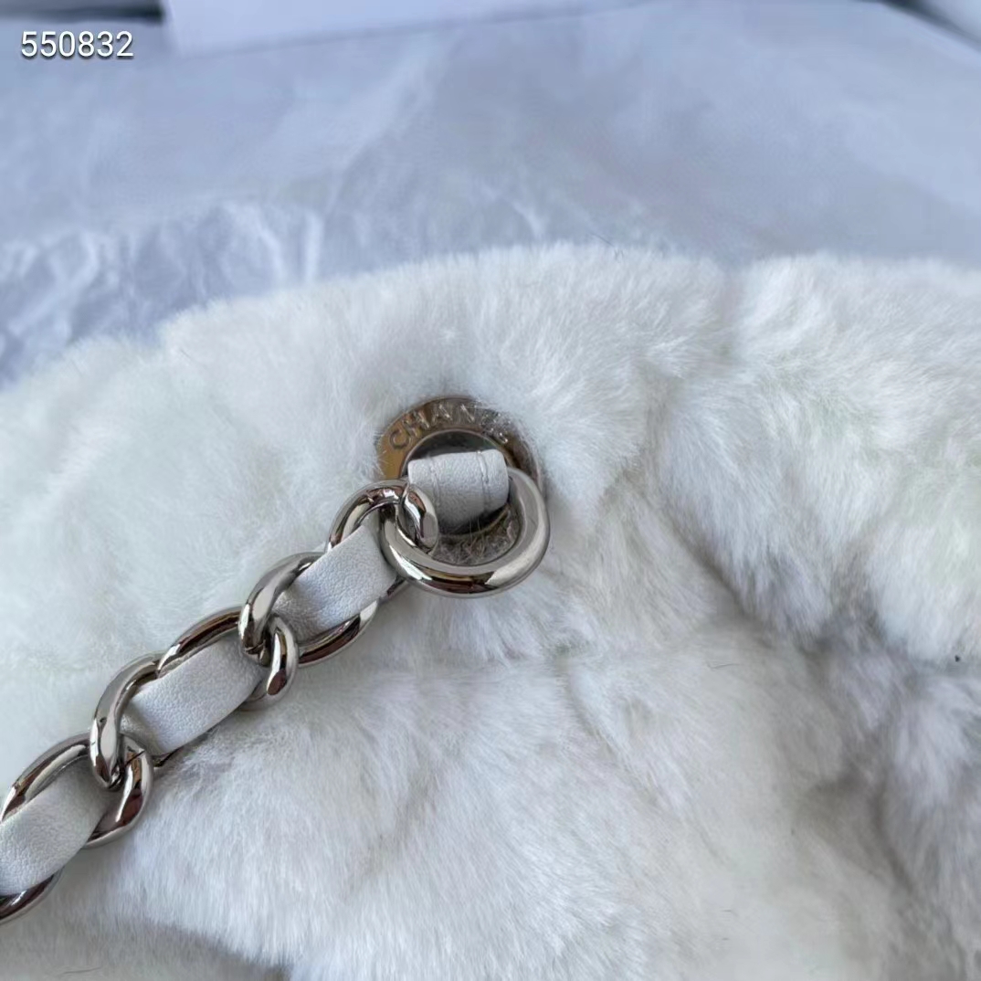 Chanel Women CC Large Backpack Shearling Lambskin Silver-Tone Metal White