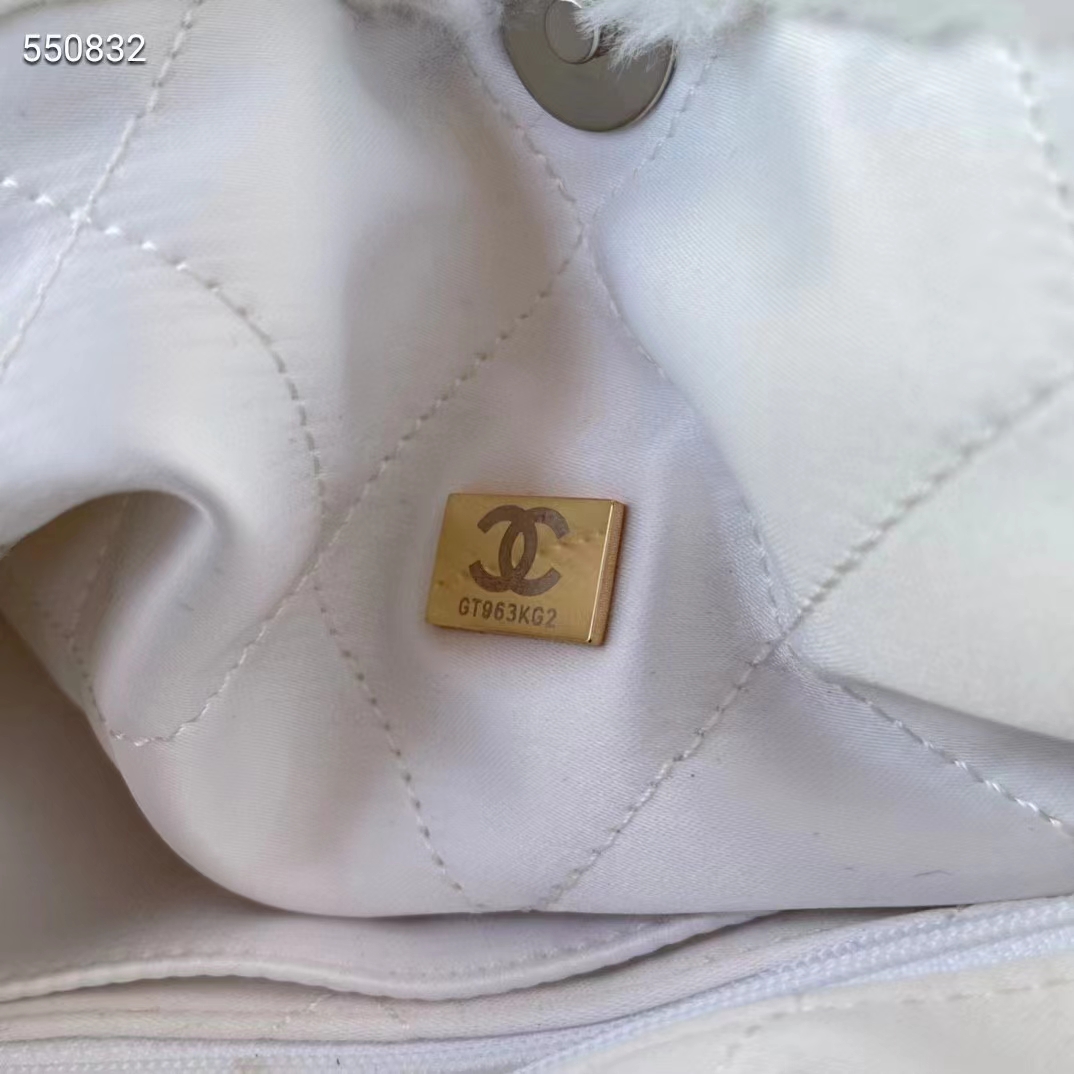 Chanel Women CC Large Backpack Shearling Lambskin Silver-Tone Metal White