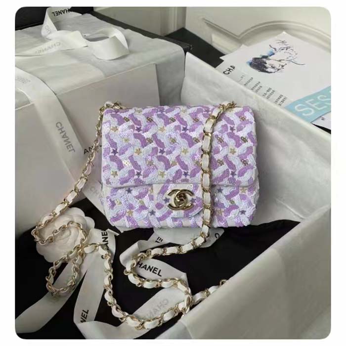 Chanel Women CC Mini Flap Bag Embroidered Satin Sequins Glass Beads Strass Star Sequins Purple White