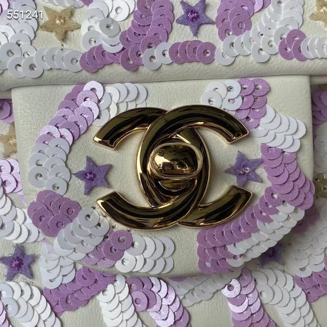 Chanel Women CC Mini Flap Bag Embroidered Satin Sequins Glass Beads Strass Star Sequins Purple White