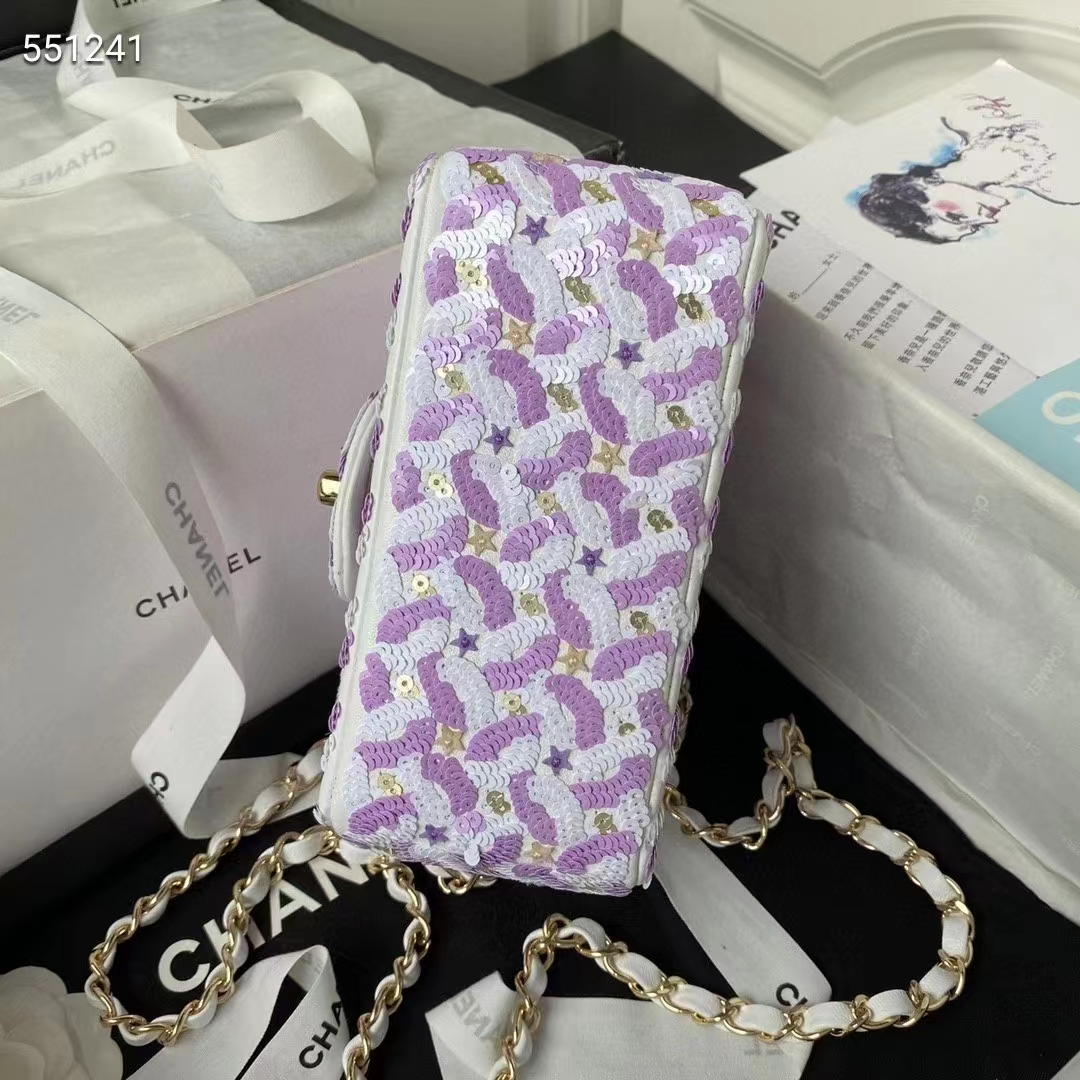 Chanel Women CC Mini Flap Bag Embroidered Satin Sequins Glass Beads Strass Star Sequins Purple White