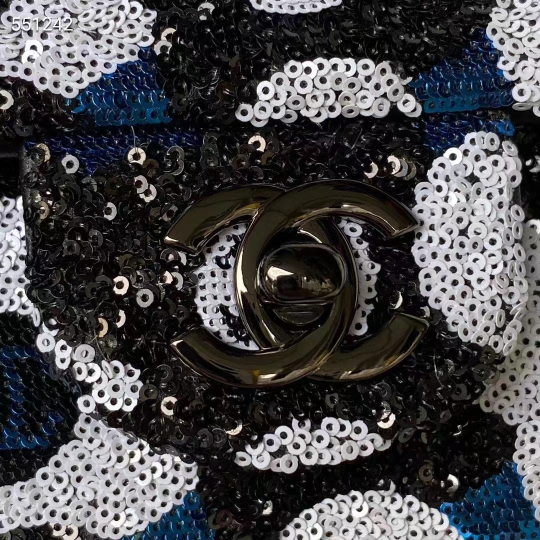 Chanel Women CC Small Flap Bag Sequins Ruthenium-Finish Metal Black White Blue