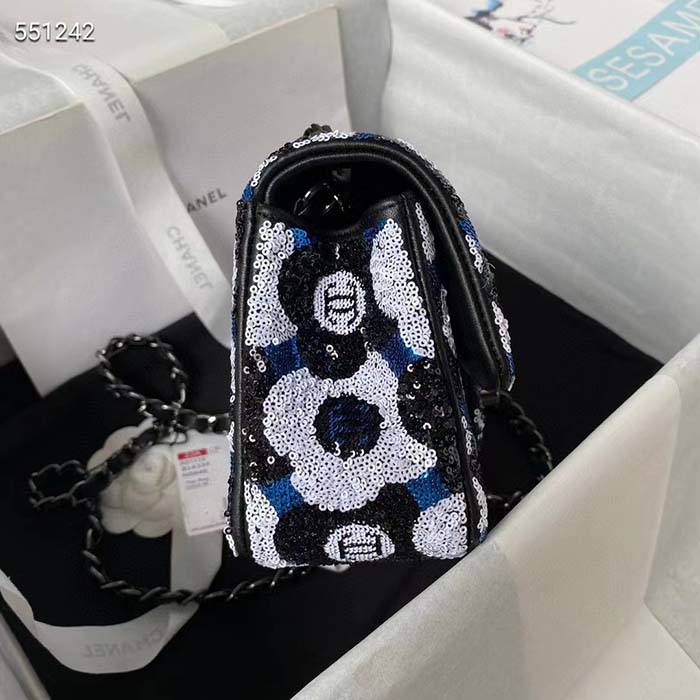 Chanel Women CC Small Flap Bag Sequins Ruthenium-Finish Metal Black White Blue