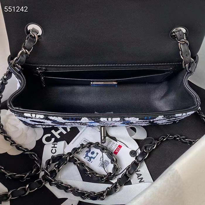 Chanel Women CC Small Flap Bag Sequins Ruthenium-Finish Metal Black White Blue