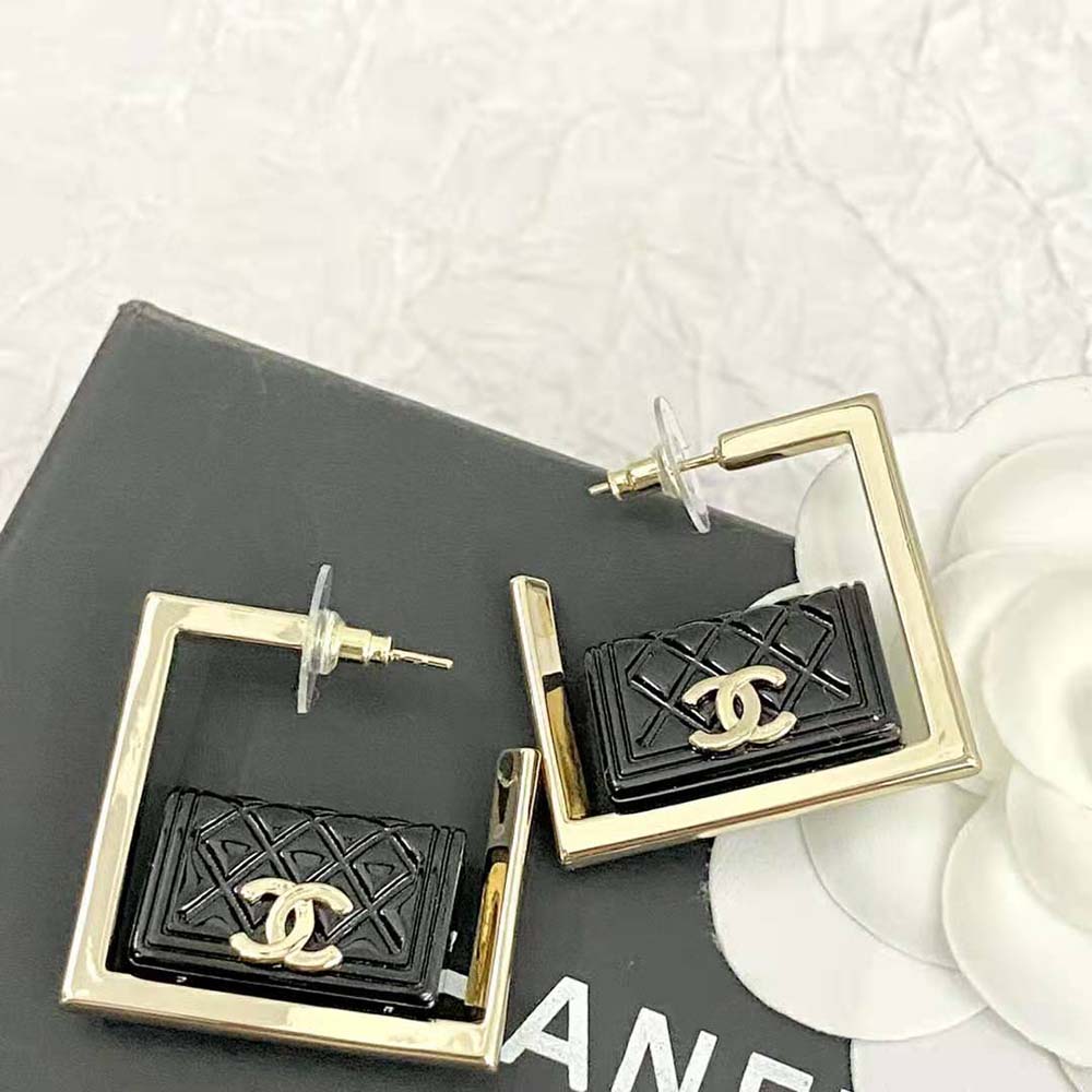 Chanel Women Hoop Earrings in Metal and Resin-Black