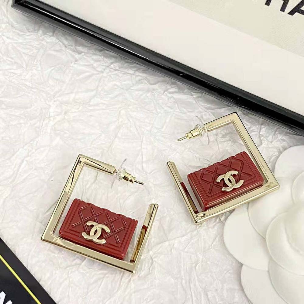 Chanel Women Hoop Earrings in Metal and Resin-Red